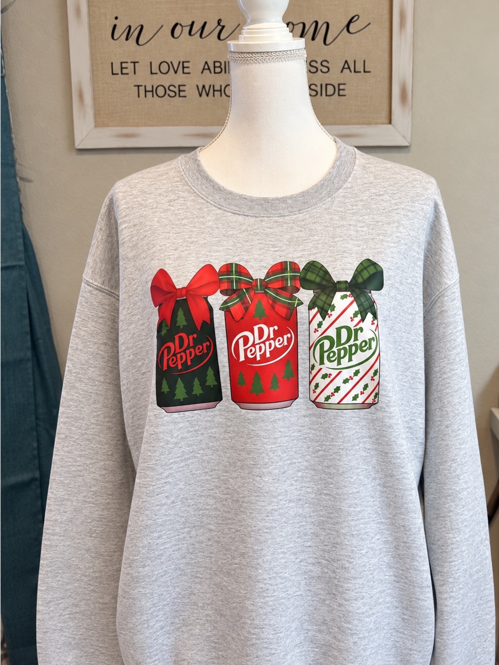 Gildan Women's Light Gray Sweatshirt with Festive Dr Pepper Can Trio Christmas